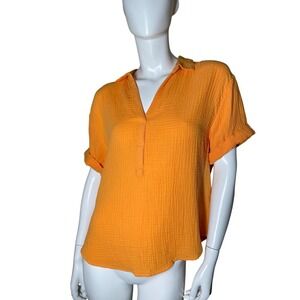 Magaschoni Women's M Med Orange Organic Cotton Short Sleeve Button Top NWT $158